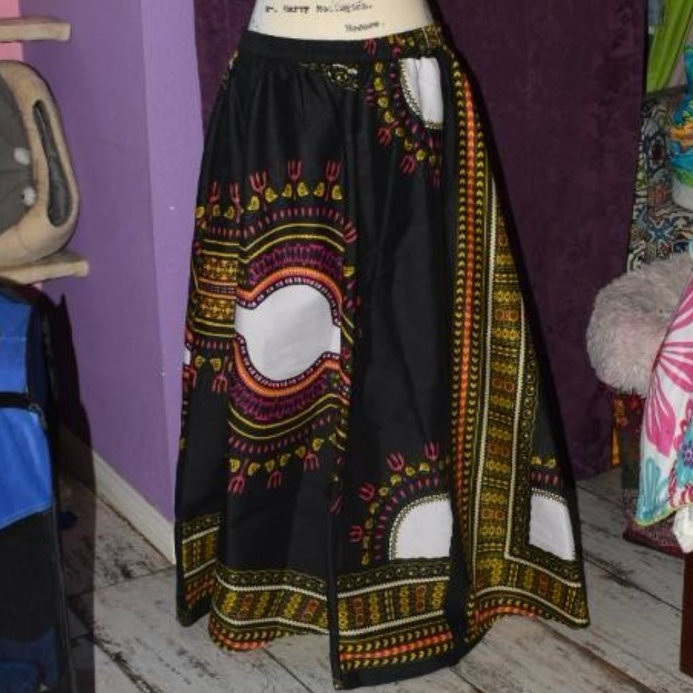 Full Length Black African India Dashiki Skirt XL Elastic Waist Stiff Full Maxi